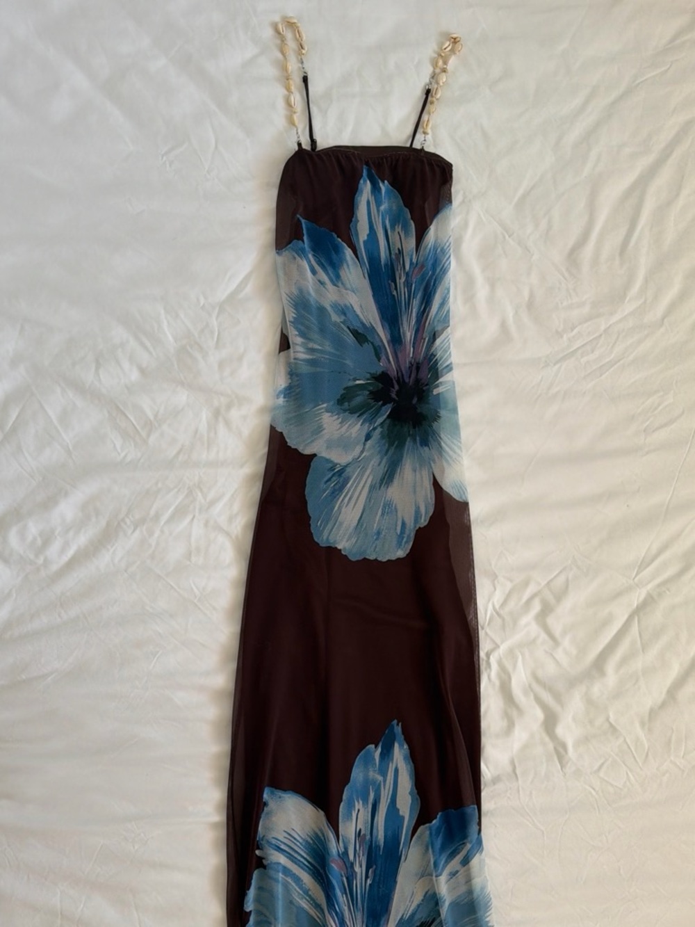 Brown Maxi Dress with Blue Floral Print and shell Straps